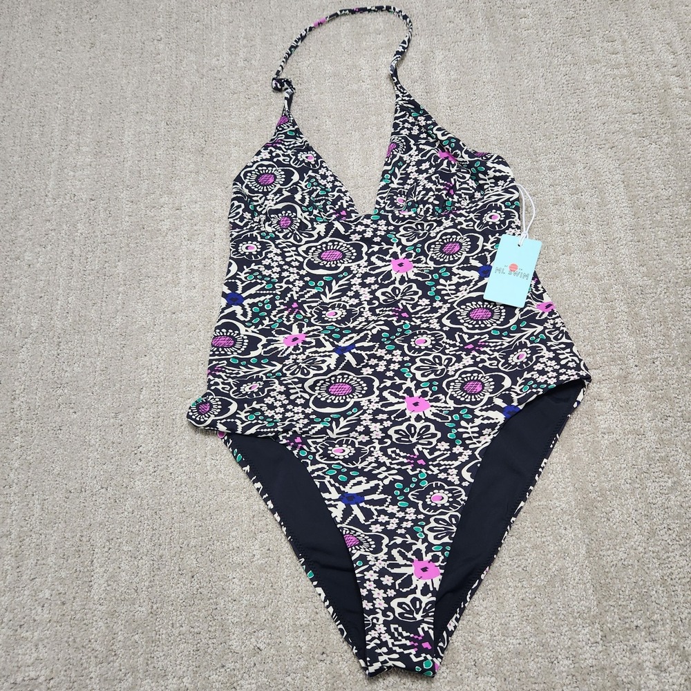 Marine Layer Plunge One Piece Swimsuit Medium Black Floral Resort NEW Beach